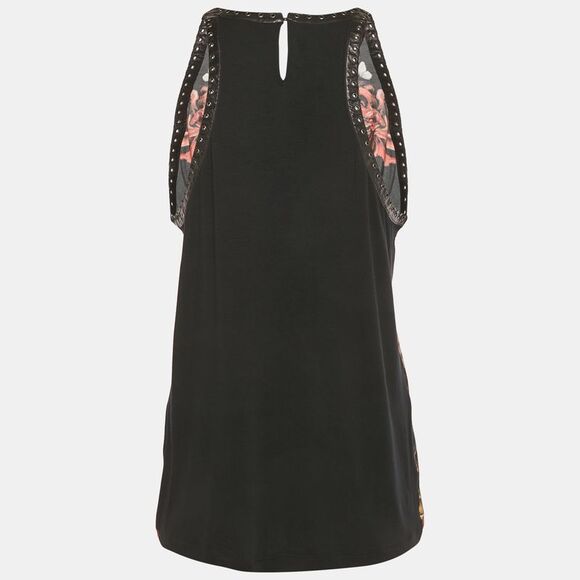 Roberto Cavalli Black Floral Print Silk Lace-Up Leather Tank Top M